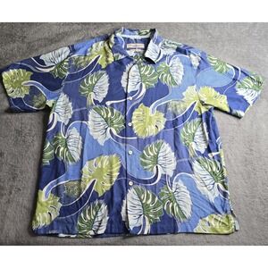Tommy Bahama Hawaiian‎ Camp Shirt Mens XL Blue Green Leaf Floral S/S IslandZone